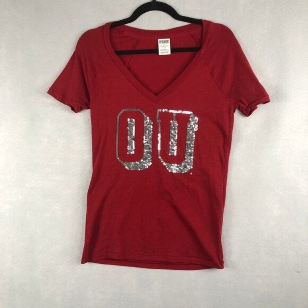 PINK Victoria's Secret Red Sequin V-Neck Tee